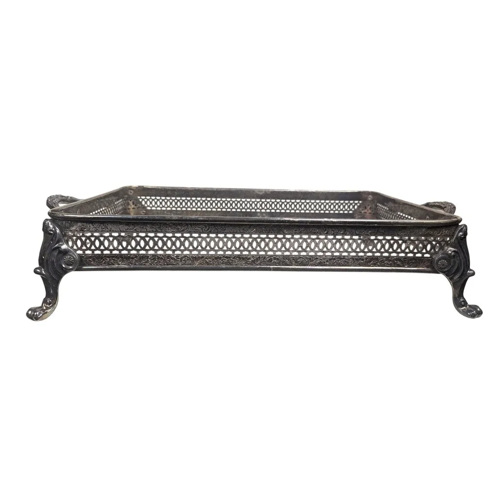 MCM Vtg Silver Plate Rectangular Gallery Tray Stand Pierced Reticulated Paw Feet